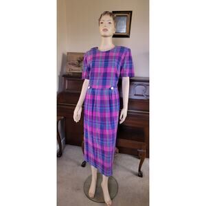 Vintage Purple And Pink Plaid Lady Dorby Long Dress With Shoulder Pads Size 14